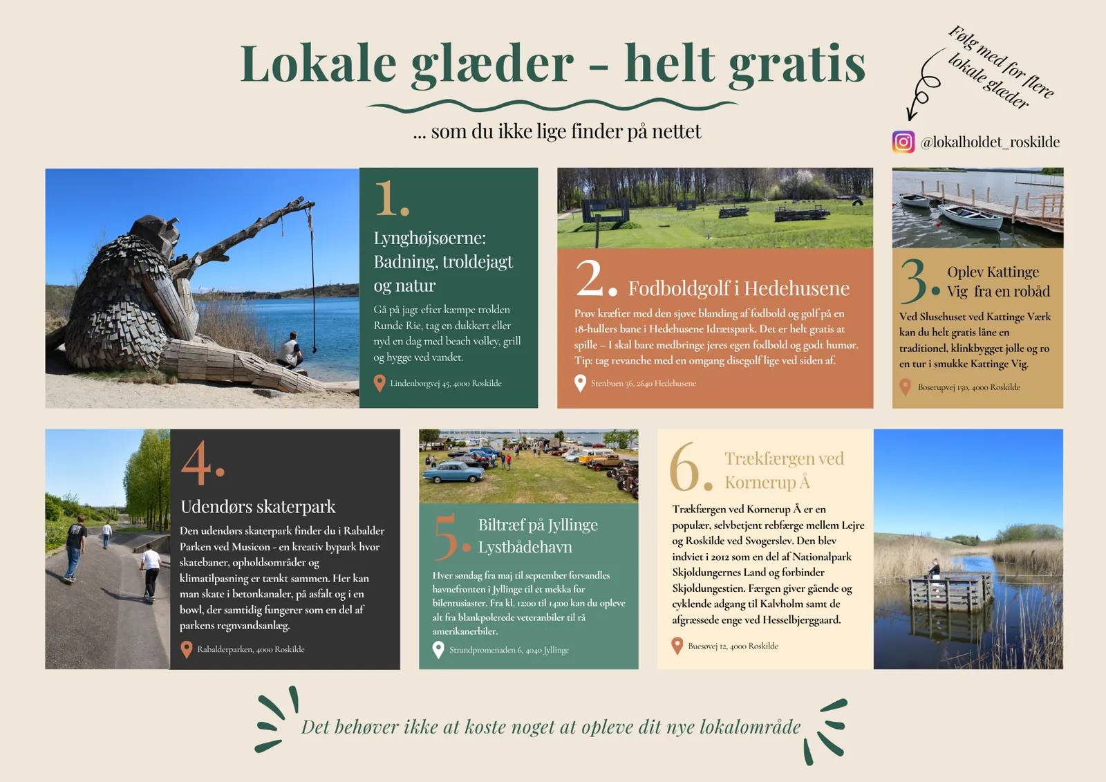 Værdiside fra Lokalholdet Roskilde-kataloget — seks gratis lokale oplevelser i Roskilde og omegn